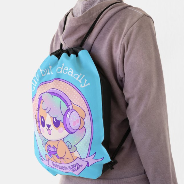 Cute Kawaii Dog with Wings Gamer Girl Gift Blue Drawstring Bag (Insitu)