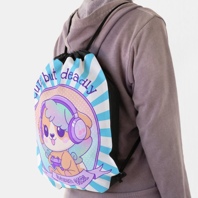 Cute Kawaii Dog with Wings Gamer Girl Starbust Blu Drawstring Bag (Insitu)