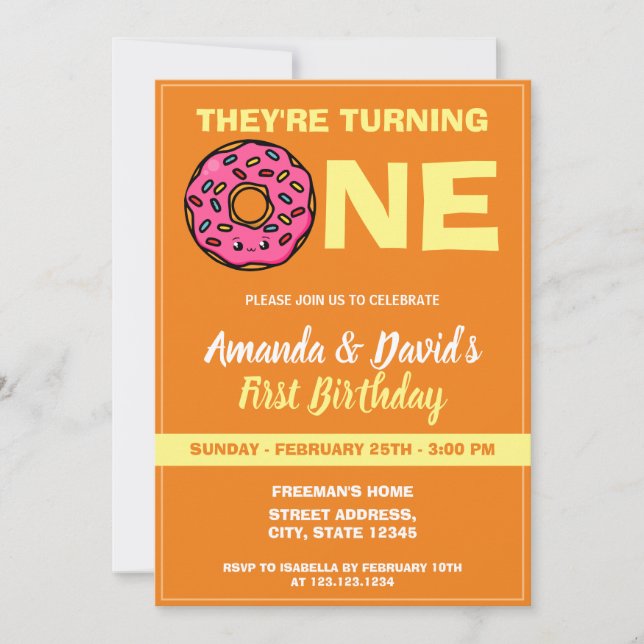 Cute Kawaii Donut Orange Joint Twin 1st Birthday Invitation (Front)