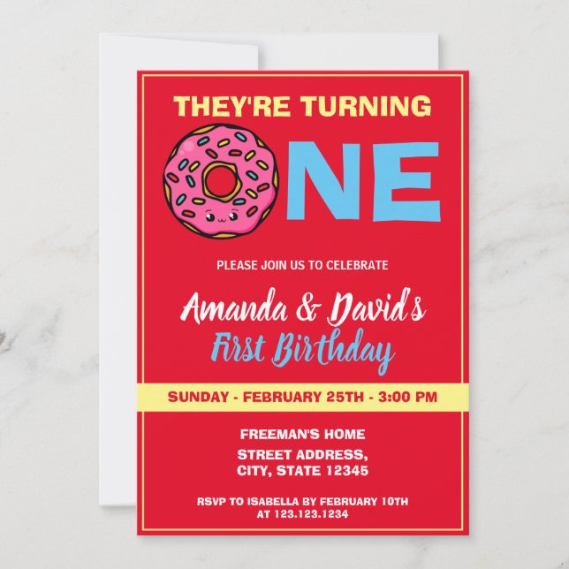 Cute Kawaii Donut Red Joint Twin 1st Birthday Invitation (Front)