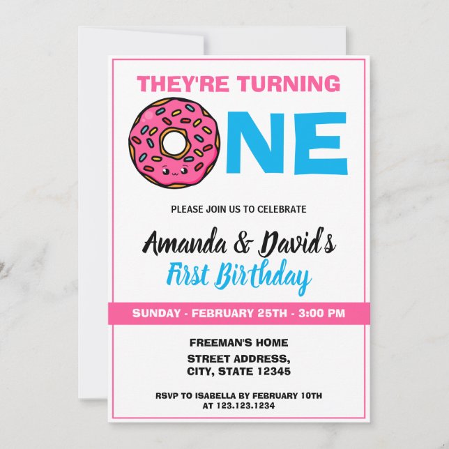 Cute Kawaii Donut White Joint Twin 1st Birthday Invitation (Front)
