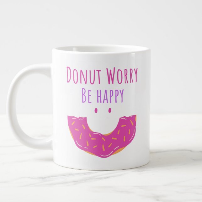 Cute Kawaii Donut Worry Be Happy Donut  Giant Coffee Mug (Left)