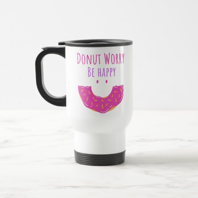 Cute Kawaii Donut Worry Be Happy Donut Travel Mug (Left)