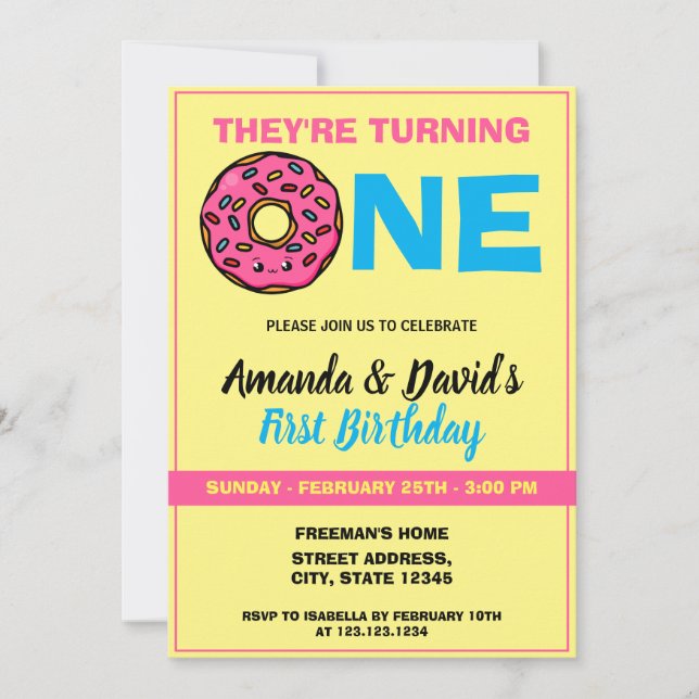 Cute Kawaii Donut Yellow Joint Twin 1st Birthday Invitation (Front)