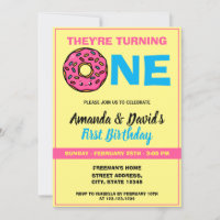 Cute Kawaii Donut Yellow Joint Twin 1st Birthday Invitation