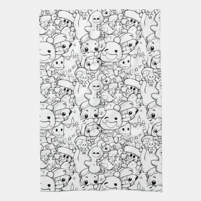 Cute Kawaii Doodle Characters (1) Kitchen Towel (Vertical)