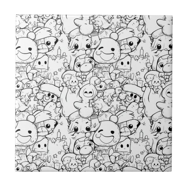 Cute Kawaii Doodle Characters Ceramic Tile (Front)