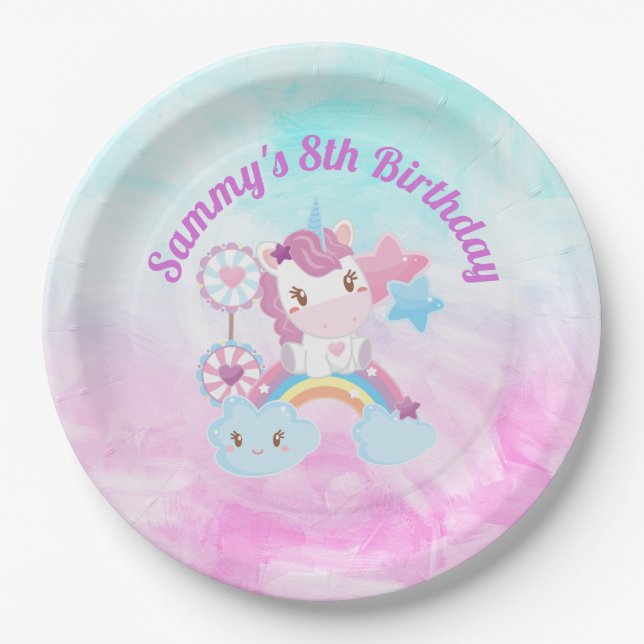 Cute Kawaii Dreamy Unicorn Rainbow Cloud Birthday Paper Plates (Front)