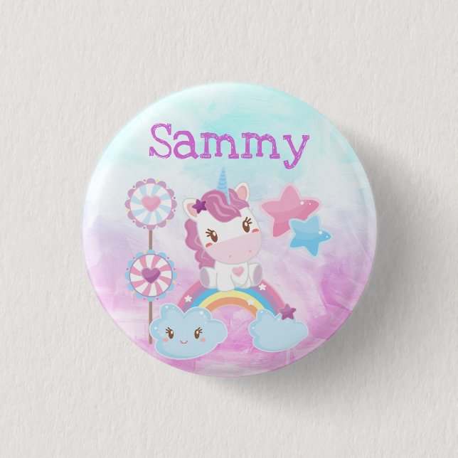 Cute Kawaii Dreamy Unicorn Rainbow Cloud Button (Front)