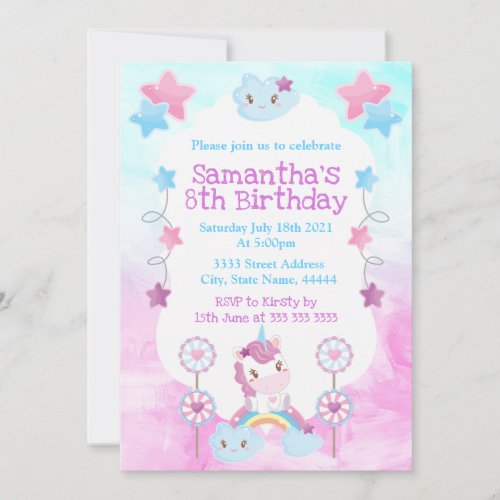 Cute Kawaii Dreamy Unicorn Rainbow Cloud Invitation