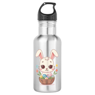 Cute Kawaii Easter Bunny Basket Illustration Stainless Steel Water Bottle