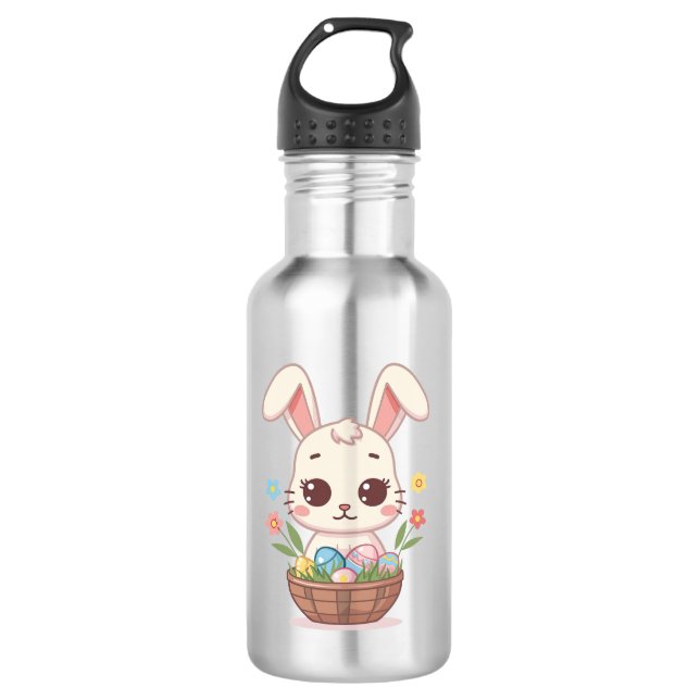 Cute Kawaii Easter Bunny Basket Illustration Stainless Steel Water Bottle (Front)