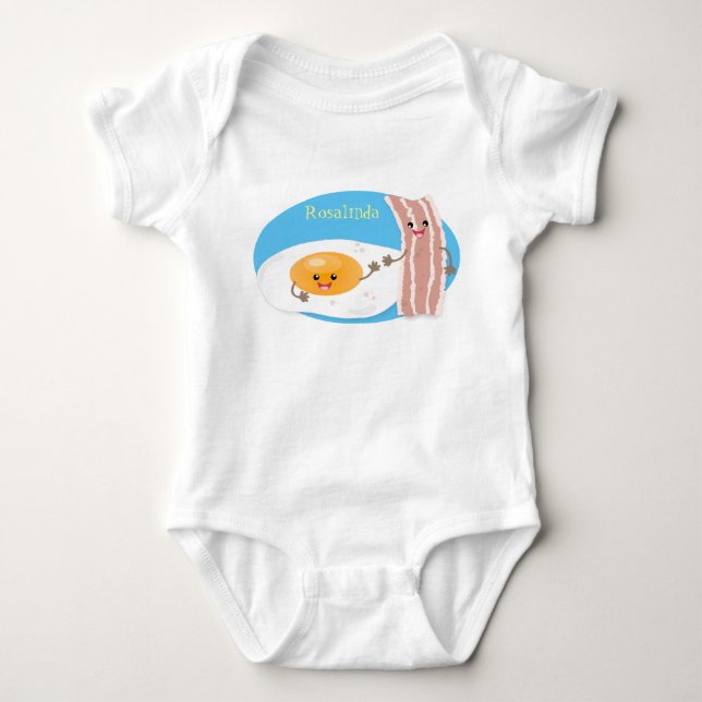 Cute kawaii egg and bacon cartoon illustration baby bodysuit (Front)