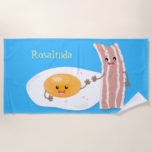 Cute kawaii egg and bacon cartoon illustration beach towel