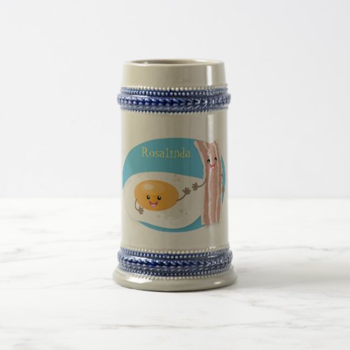 Cute kawaii egg and bacon cartoon illustration beer stein