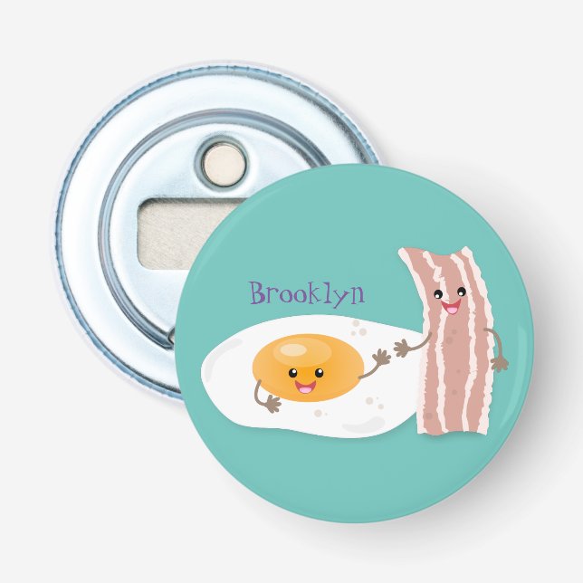 Cute kawaii egg and bacon cartoon illustration bottle opener (Front)