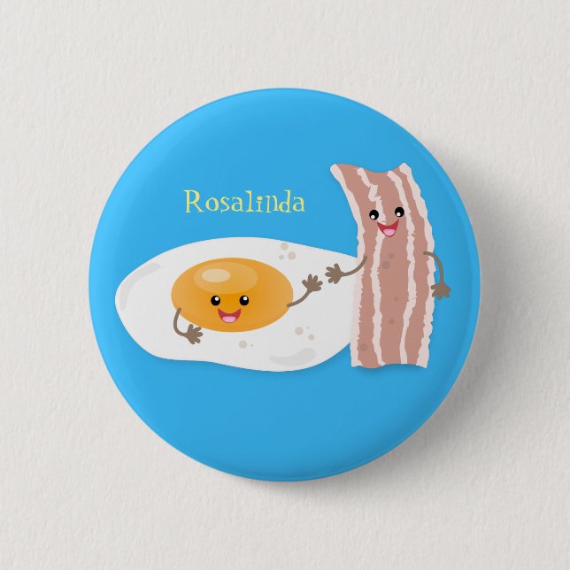 Cute kawaii egg and bacon cartoon illustration button (Front)