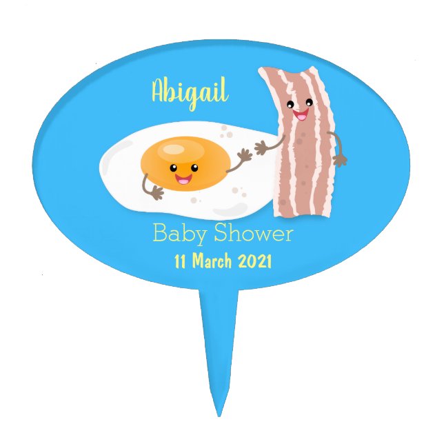 Cute kawaii egg and bacon cartoon illustration cake topper (Front)