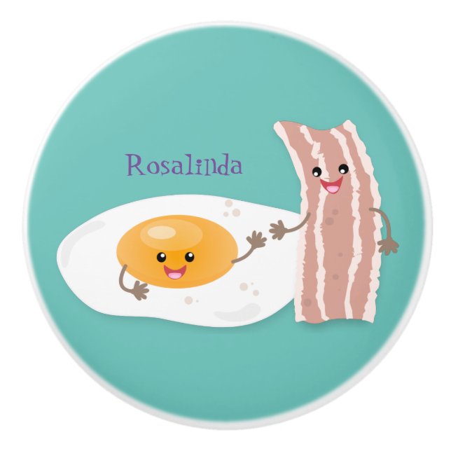 Cute kawaii egg and bacon cartoon illustration ceramic knob (Front)