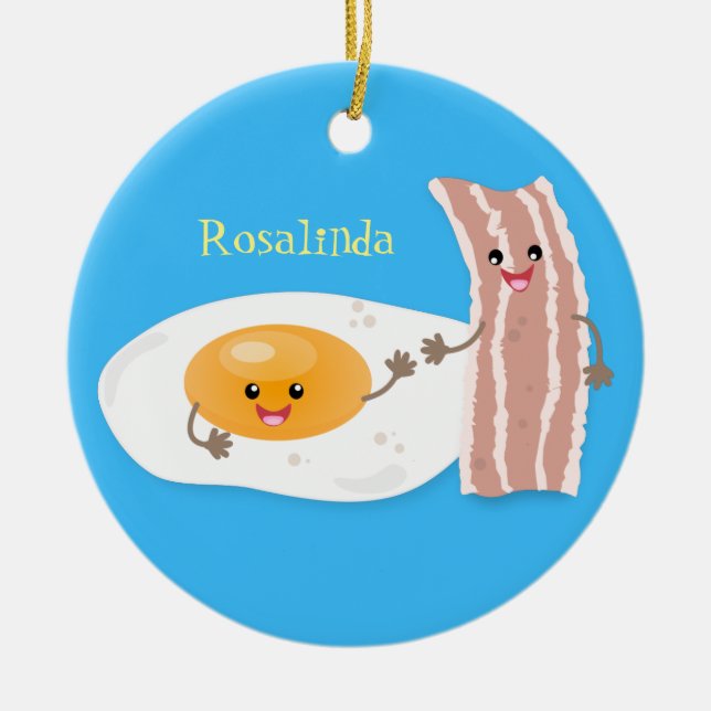 Cute kawaii egg and bacon cartoon illustration ceramic ornament (Front)