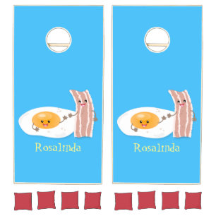 Cute kawaii egg and bacon cartoon illustration cornhole set