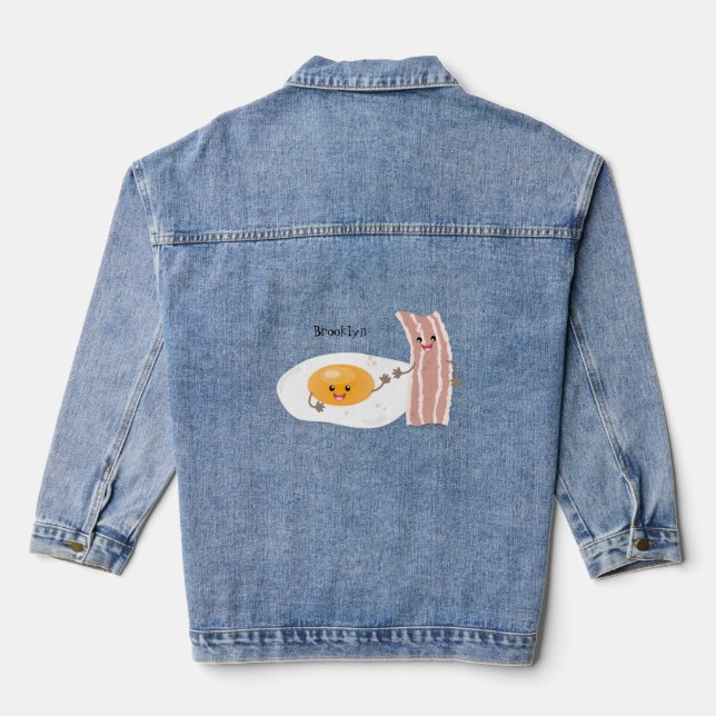 Cute kawaii egg and bacon cartoon illustration denim jacket (Back)