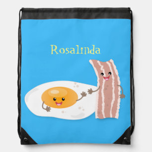 Cute kawaii egg and bacon cartoon illustration drawstring bag