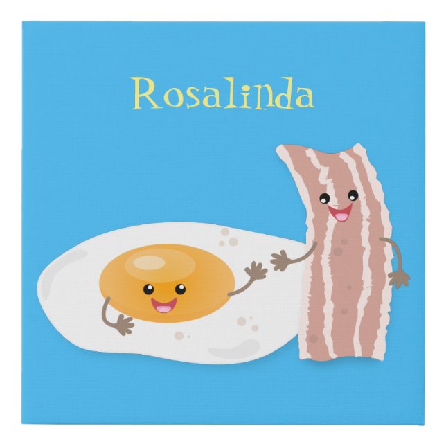 Cute kawaii egg and bacon cartoon illustration faux canvas print (Front)