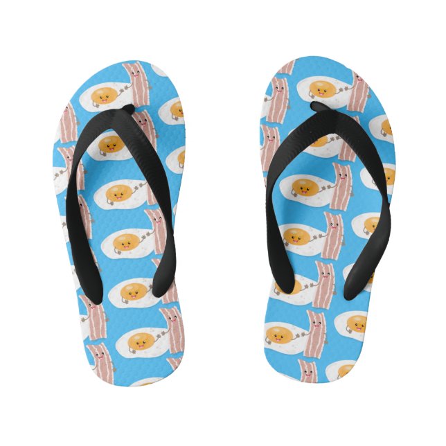 Cute kawaii egg and bacon cartoon illustration kid's flip flops (Footbed)
