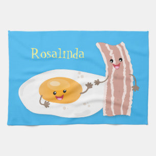 Cute kawaii egg and bacon cartoon illustration kitchen towel