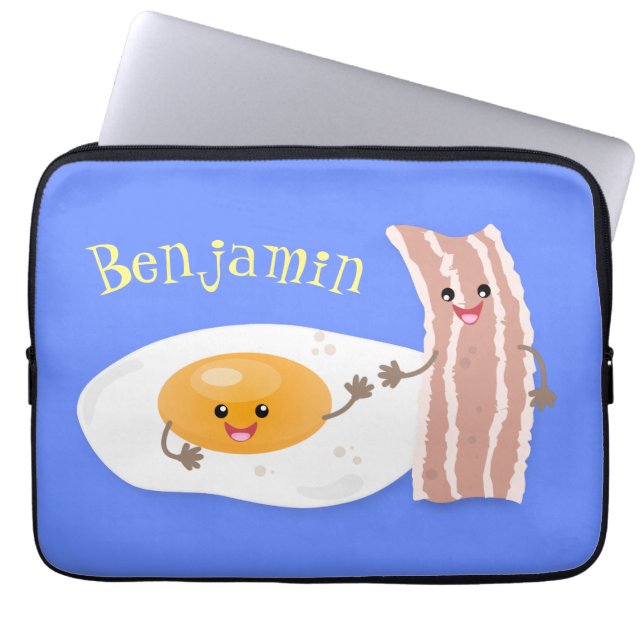 Cute kawaii egg and bacon cartoon illustration laptop sleeve (Front)