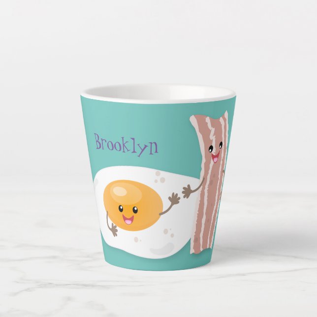 Cute kawaii egg and bacon cartoon illustration latte mug (Front)