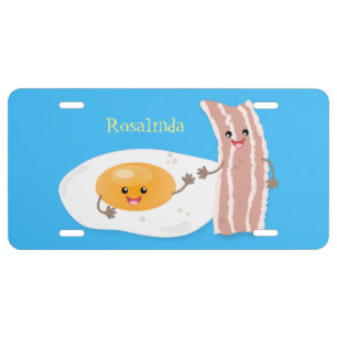 Cute kawaii egg and bacon cartoon illustration license plate