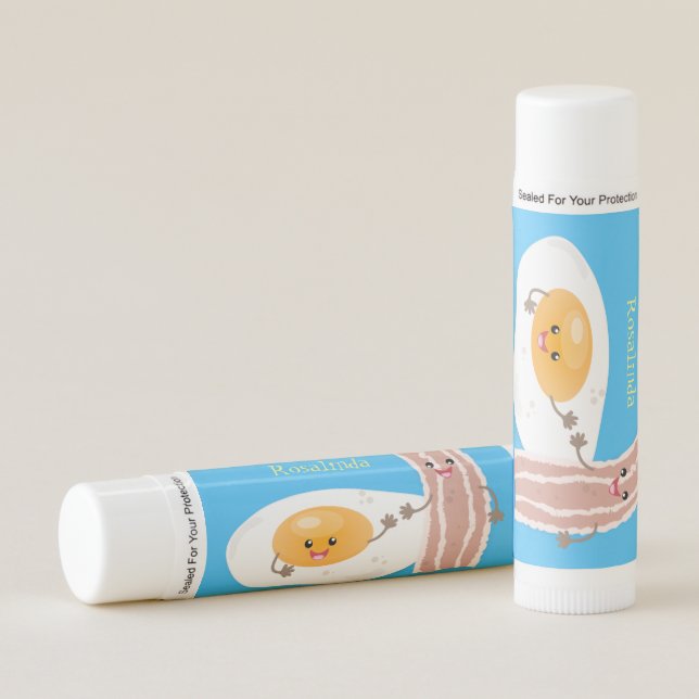 Cute kawaii egg and bacon cartoon illustration lip balm (Front)
