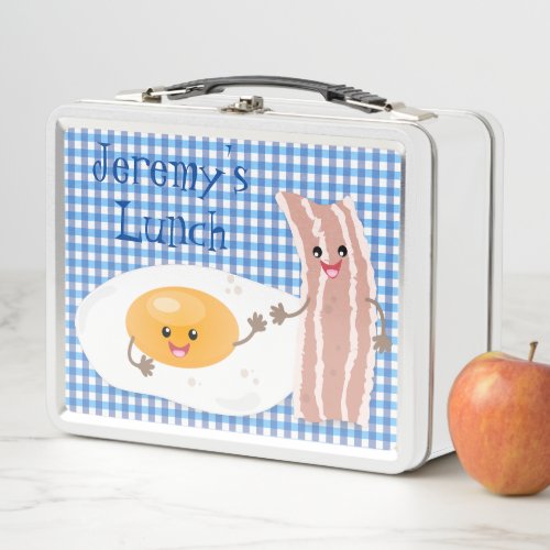 Cute kawaii egg and bacon cartoon illustration metal lunch box