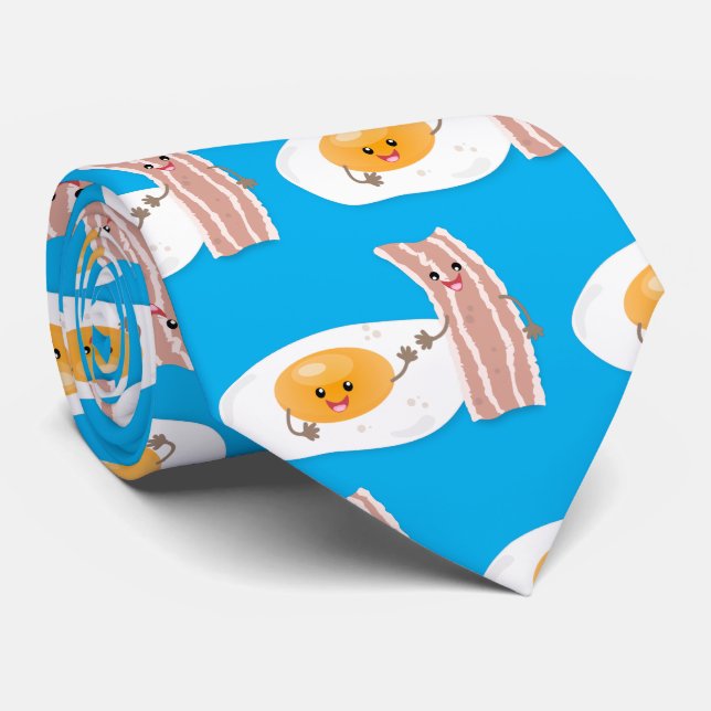Cute kawaii egg and bacon cartoon illustration neck tie (Rolled)