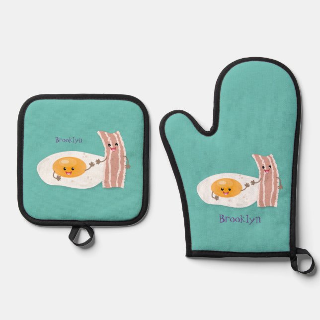 Cute kawaii egg and bacon cartoon illustration oven mitt & pot holder set (Front)