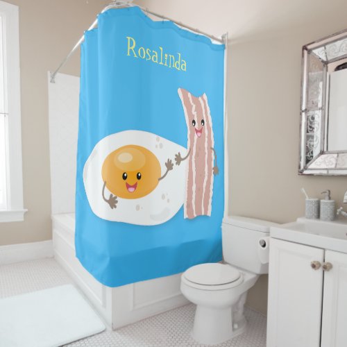 Cute kawaii egg and bacon cartoon illustration shower curtain