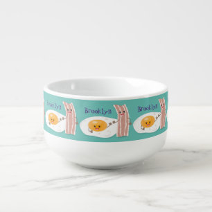 Cute kawaii egg and bacon cartoon illustration soup mug