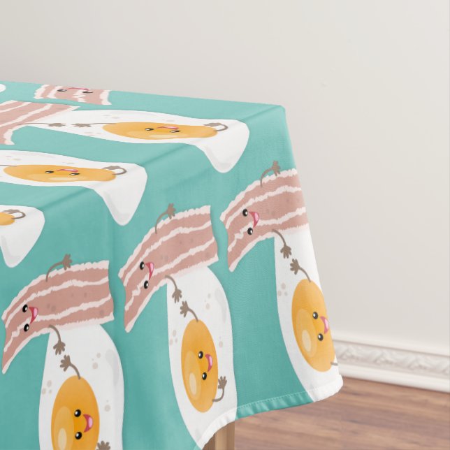 Cute kawaii egg and bacon cartoon illustration tablecloth (In Situ)