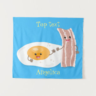 Cute kawaii egg and bacon cartoon illustration tapestry