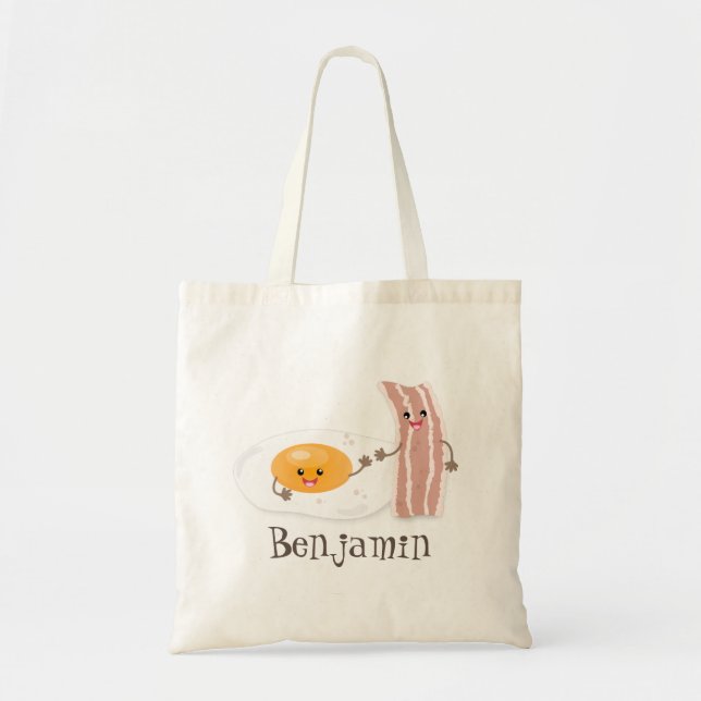 Cute kawaii egg and bacon cartoon illustration tote bag (Front)