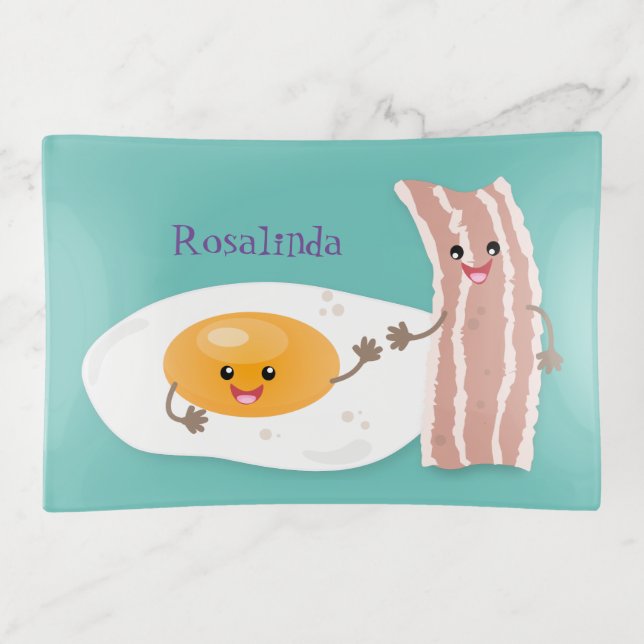 Cute kawaii egg and bacon cartoon illustration trinket tray (Front)