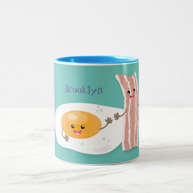 Cute kawaii egg and bacon cartoon illustration Two-Tone coffee mug (Center)