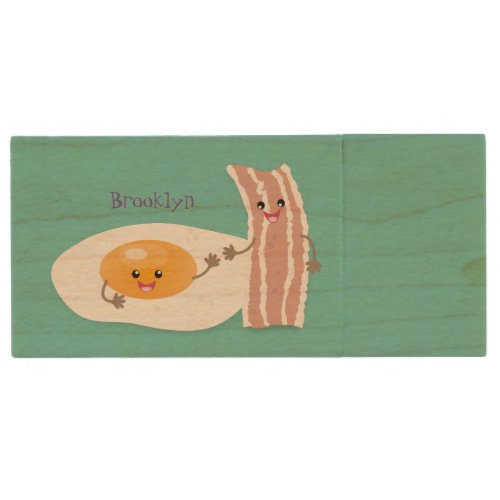 Cute kawaii egg and bacon cartoon illustration wood flash drive