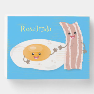 Cute kawaii egg and bacon cartoon illustration wooden box sign