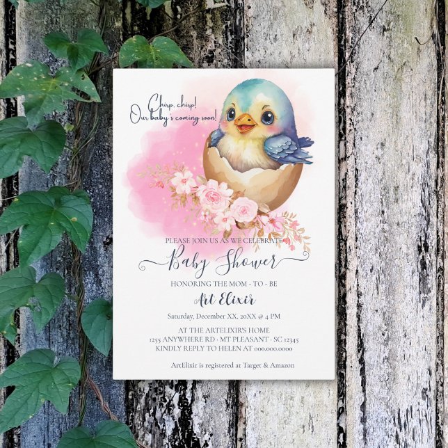 Cute Kawaii Egg Bird Elegant Floral Baby Shower Invitation (Creator Uploaded)