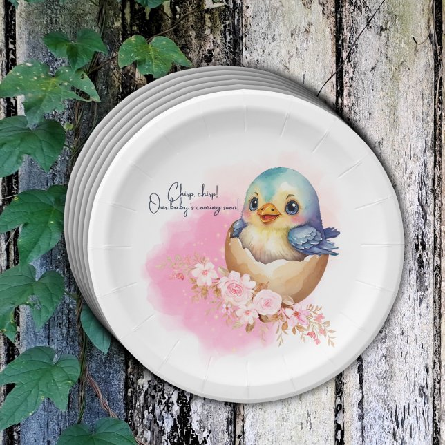 Cute Kawaii Egg Bird Elegant Floral Baby Shower Paper Plates (Creator Uploaded)