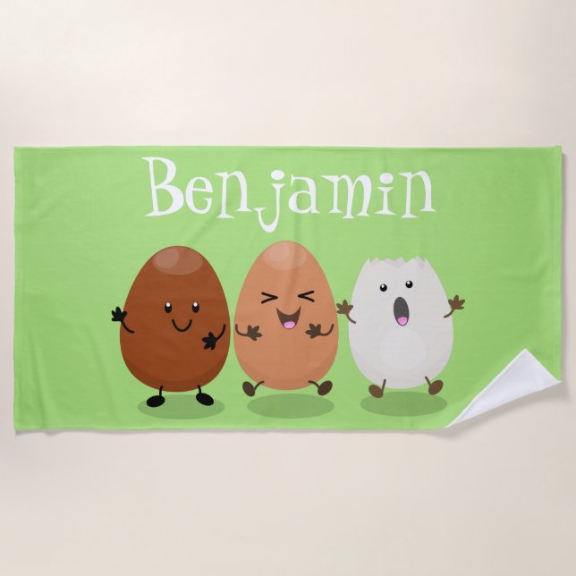 Cute kawaii eggs funny cartoon illustration beach towel (Front)