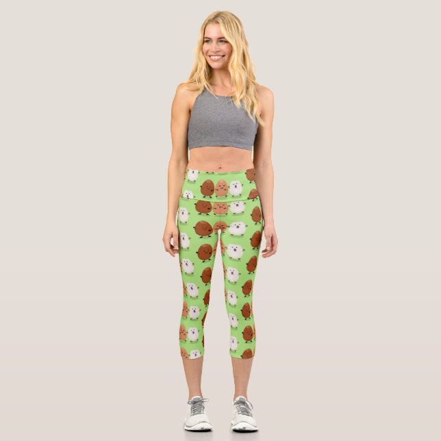 Cute kawaii eggs funny cartoon illustration capri leggings (Front)